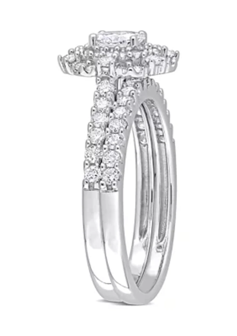 1 CT TW Oval & Round Diamond Double Halo Cluster Bridal Set 14k White Gold