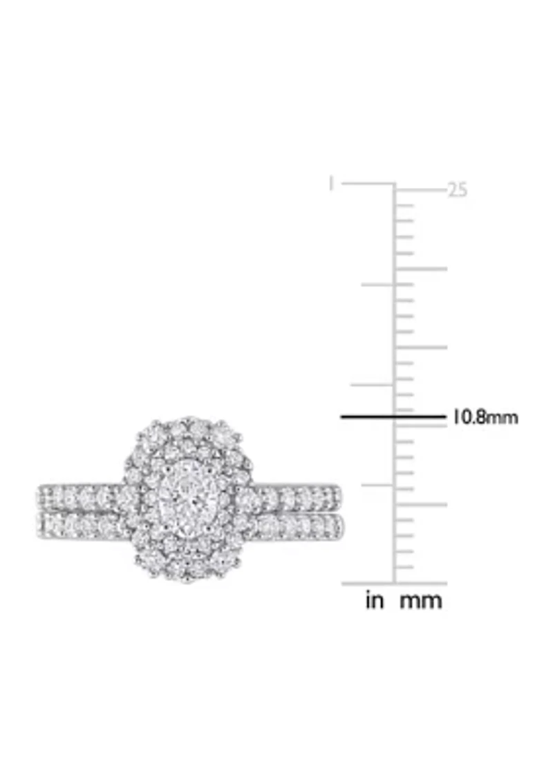 1 CT TW Oval & Round Diamond Double Halo Cluster Bridal Set 14k White Gold