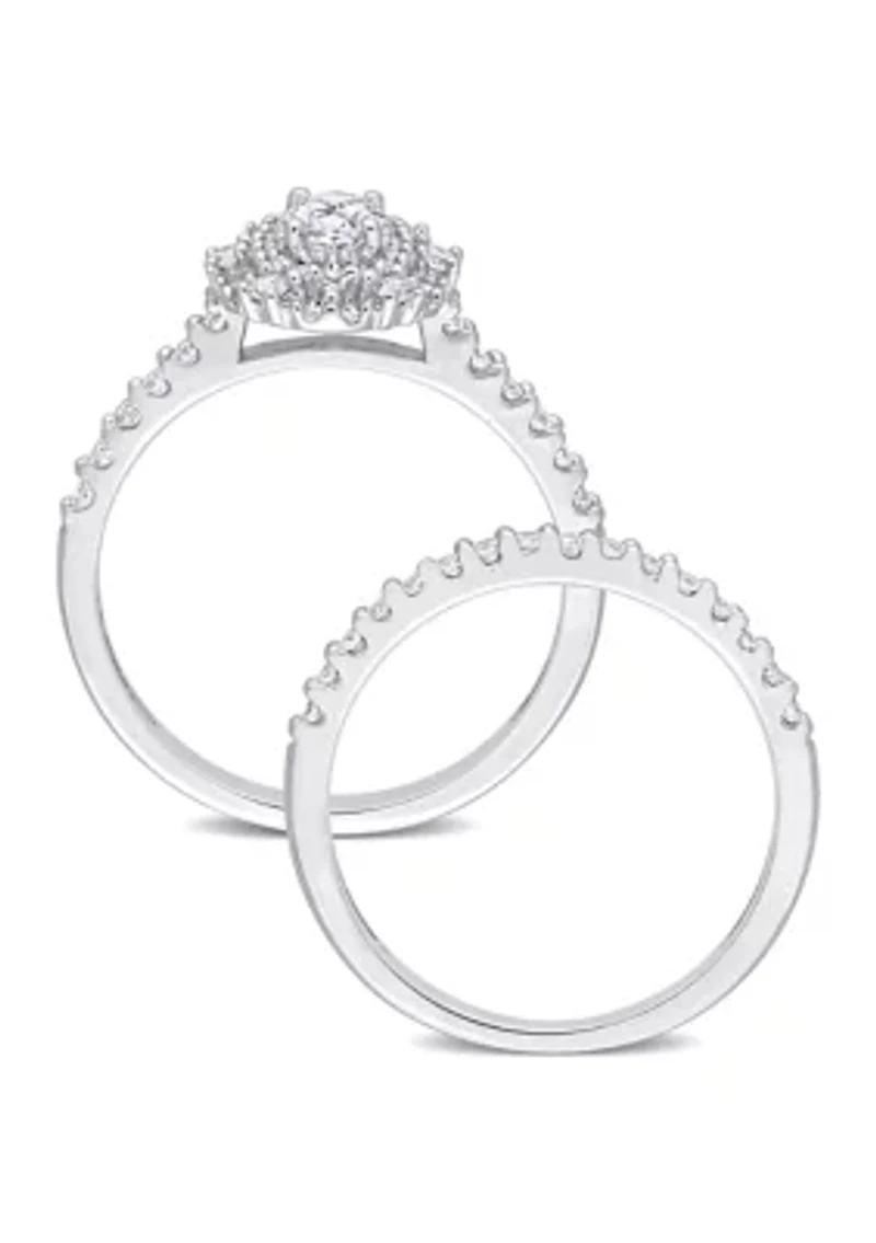 1 CT TW Oval & Round Diamond Double Halo Cluster Bridal Set 14k White Gold