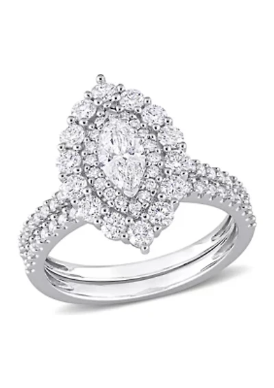 1/2 CT TW Marquise & Round Diamond Double Halo Cluster Bridal Set 14k White Gold