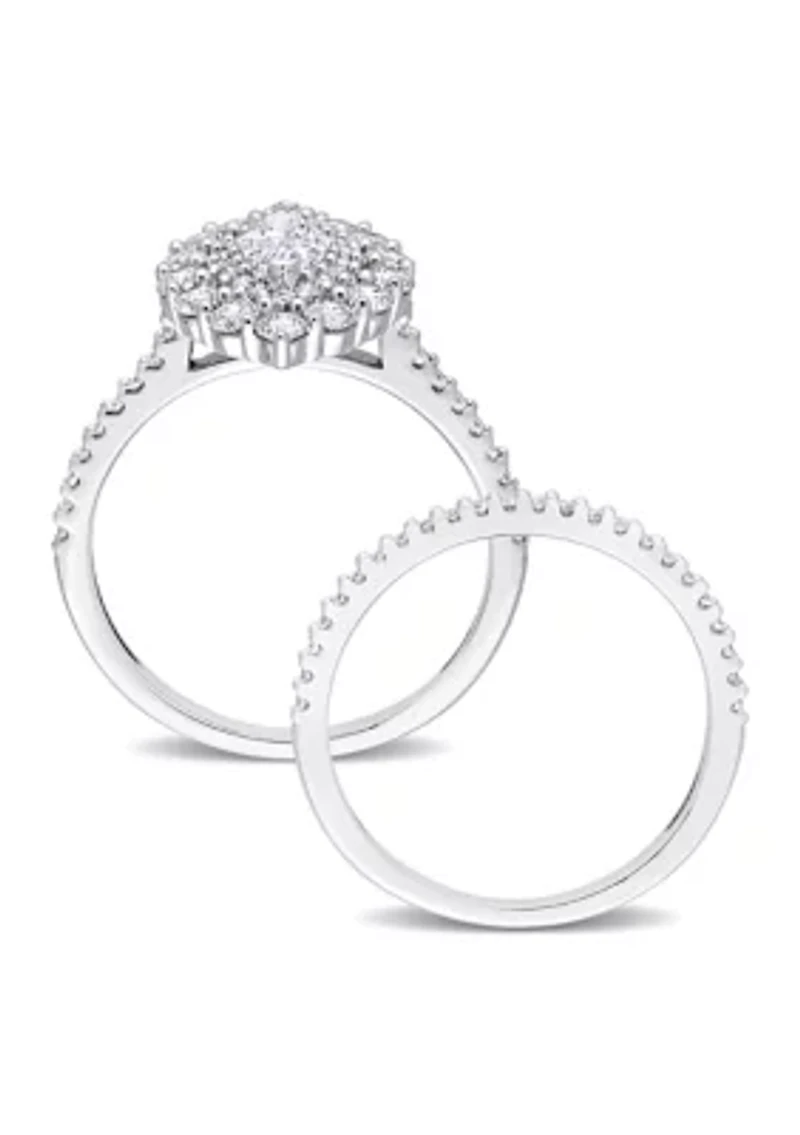 1/2 CT TW Marquise & Round Diamond Double Halo Cluster Bridal Set 14k White Gold