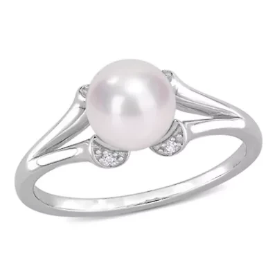 7-7.5mm Black Freshwater Cultured Pearl and Diamond Accent Criss-Cross Ring Sterling Silver