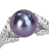 7-7.5mm Black Freshwater Cultured Pearl and Diamond Accent Split Shank Ring Sterling Silver