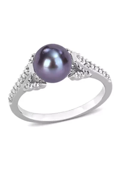 7-7.5mm Black Freshwater Cultured Pearl and Diamond Accent Split Shank Ring Sterling Silver
