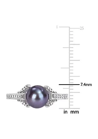 7-7.5mm Black Freshwater Cultured Pearl and Diamond Accent Split Shank Ring Sterling Silver