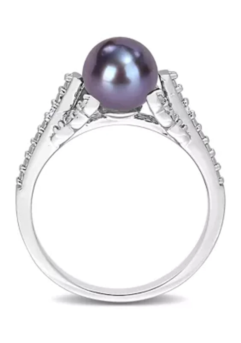7-7.5mm Black Freshwater Cultured Pearl and Diamond Accent Split Shank Ring Sterling Silver