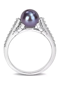 7-7.5mm Black Freshwater Cultured Pearl and Diamond Accent Split Shank Ring Sterling Silver