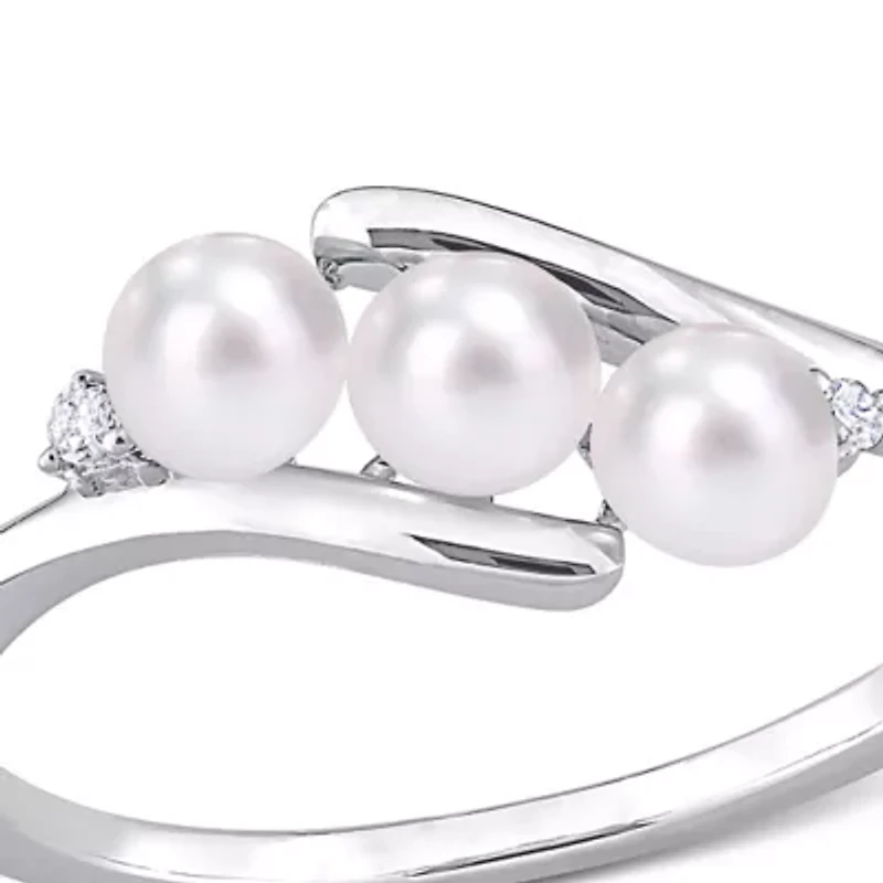 3.5-4mm Freshwater Cultured Pearl and Diamond Accent 3-Stone Bypass Ring Sterling Silver