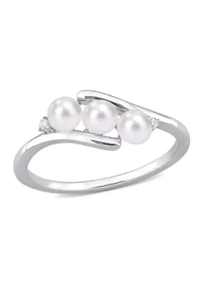 3.5-4mm Freshwater Cultured Pearl and Diamond Accent 3-Stone Bypass Ring Sterling Silver