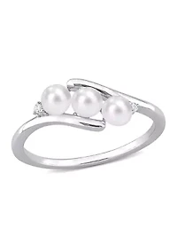 3.5-4mm Freshwater Cultured Pearl and Diamond Accent 3-Stone Bypass Ring Sterling Silver