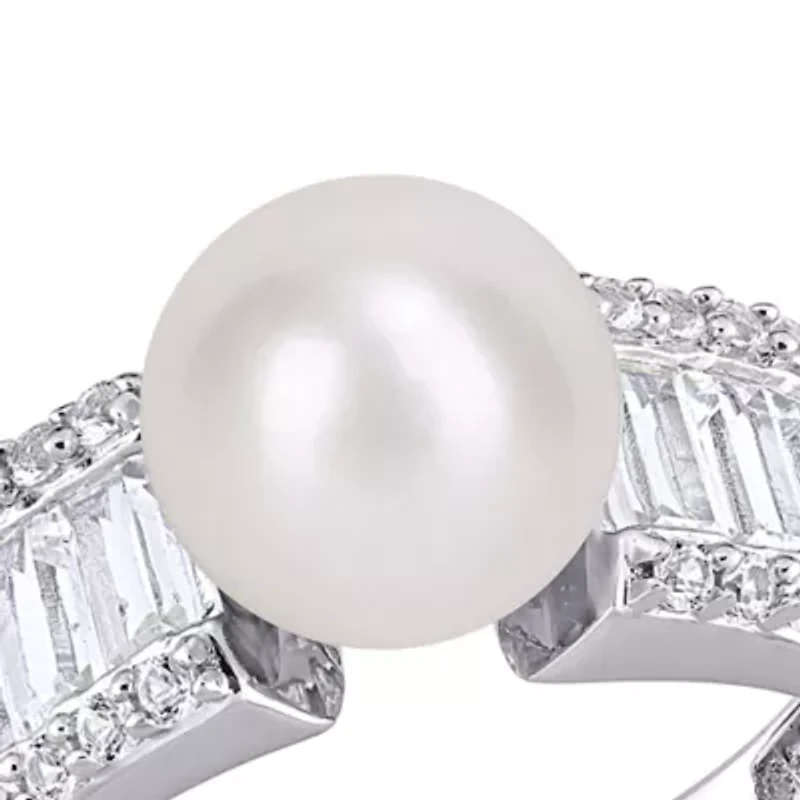 Lab Created 8-8.5mm Cultured Freshwater Pearl and 2 2/5 CT TGW White Sapphire Engagement Ring Sterling Silver