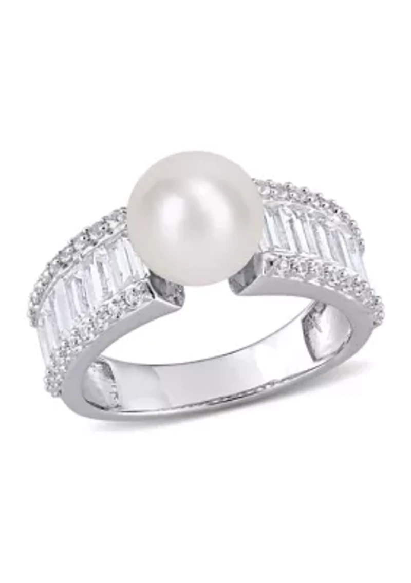 Lab Created 8-8.5mm Cultured Freshwater Pearl and 2 2/5 CT TGW White Sapphire Engagement Ring Sterling Silver