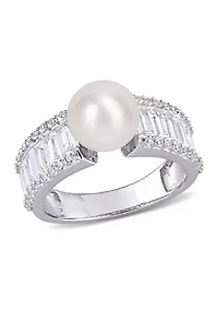 Lab Created 8-8.5mm Cultured Freshwater Pearl and 2 2/5 CT TGW White Sapphire Engagement Ring Sterling Silver