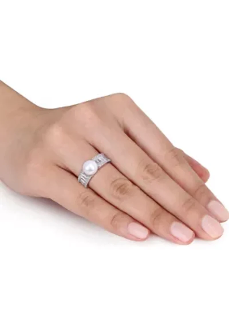 Lab Created 8-8.5mm Cultured Freshwater Pearl and 2 2/5 CT TGW White Sapphire Engagement Ring Sterling Silver