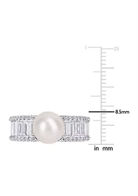 Lab Created 8-8.5mm Cultured Freshwater Pearl and 2 2/5 CT TGW White Sapphire Engagement Ring Sterling Silver