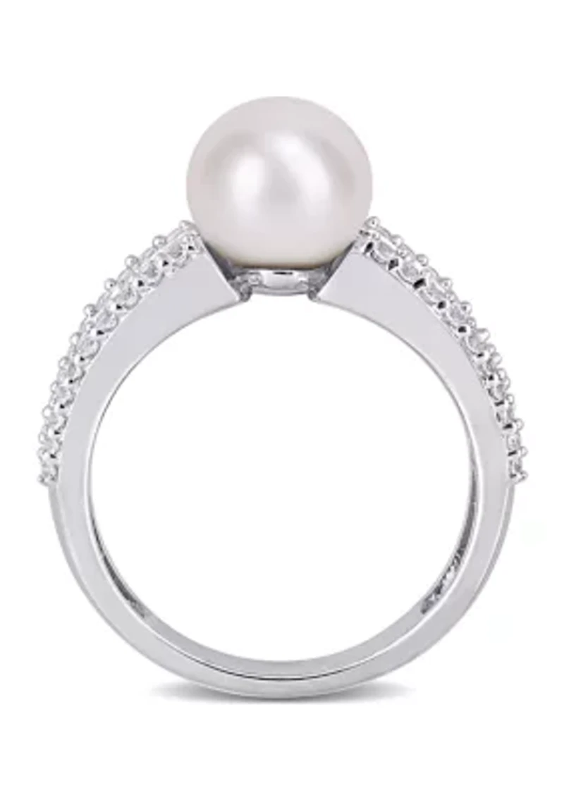 Lab Created 8-8.5mm Cultured Freshwater Pearl and 2 2/5 CT TGW White Sapphire Engagement Ring Sterling Silver
