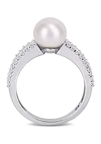 Lab Created 8-8.5mm Cultured Freshwater Pearl and 2 2/5 CT TGW White Sapphire Engagement Ring Sterling Silver