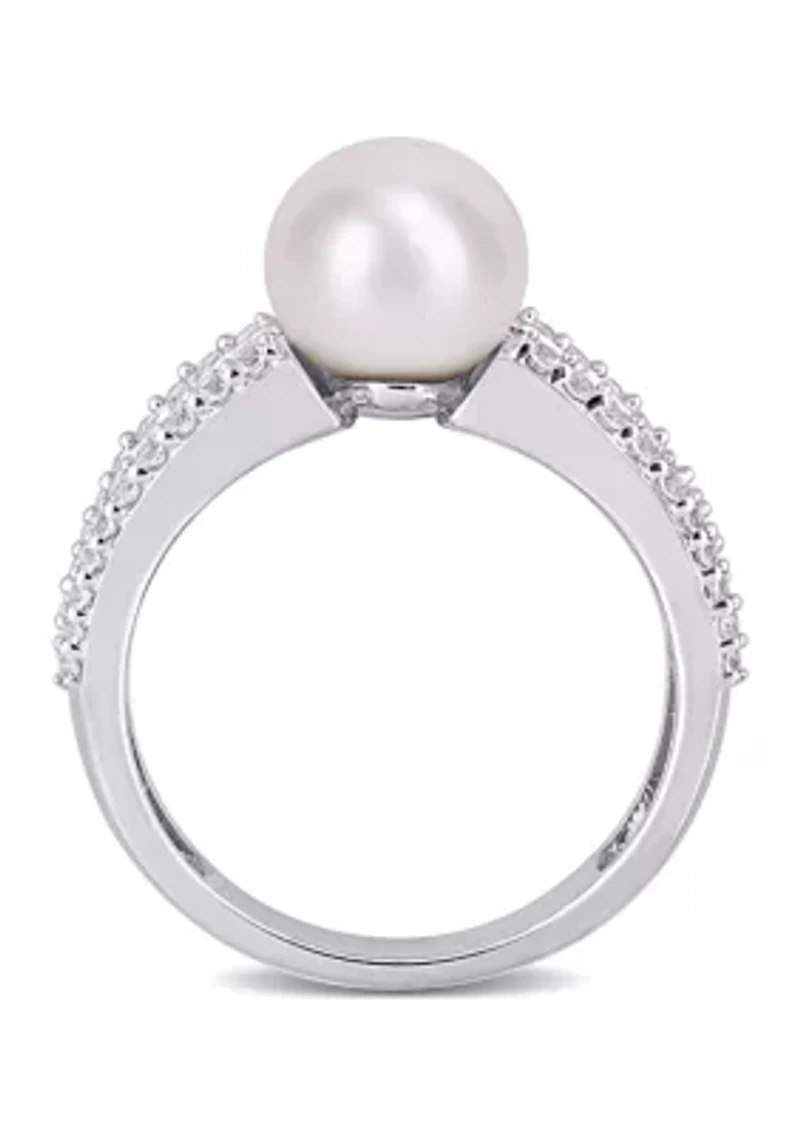 Lab Created 8-8.5mm Cultured Freshwater Pearl and 2 2/5 CT TGW White Sapphire Engagement Ring Sterling Silver