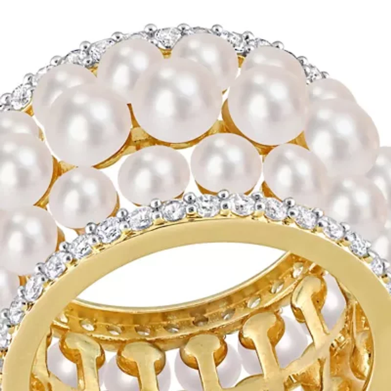 Lab Created Freshwater Cultured Pearl and 1 3/5 CT TGW White Sapphire Triple Row Ring Yellow Plated Sterling Silver