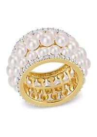 Lab Created Freshwater Cultured Pearl and 1 3/5 CT TGW White Sapphire Triple Row Ring Yellow Plated Sterling Silver