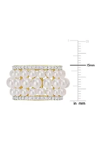 Lab Created Freshwater Cultured Pearl and 1 3/5 CT TGW White Sapphire Triple Row Ring Yellow Plated Sterling Silver