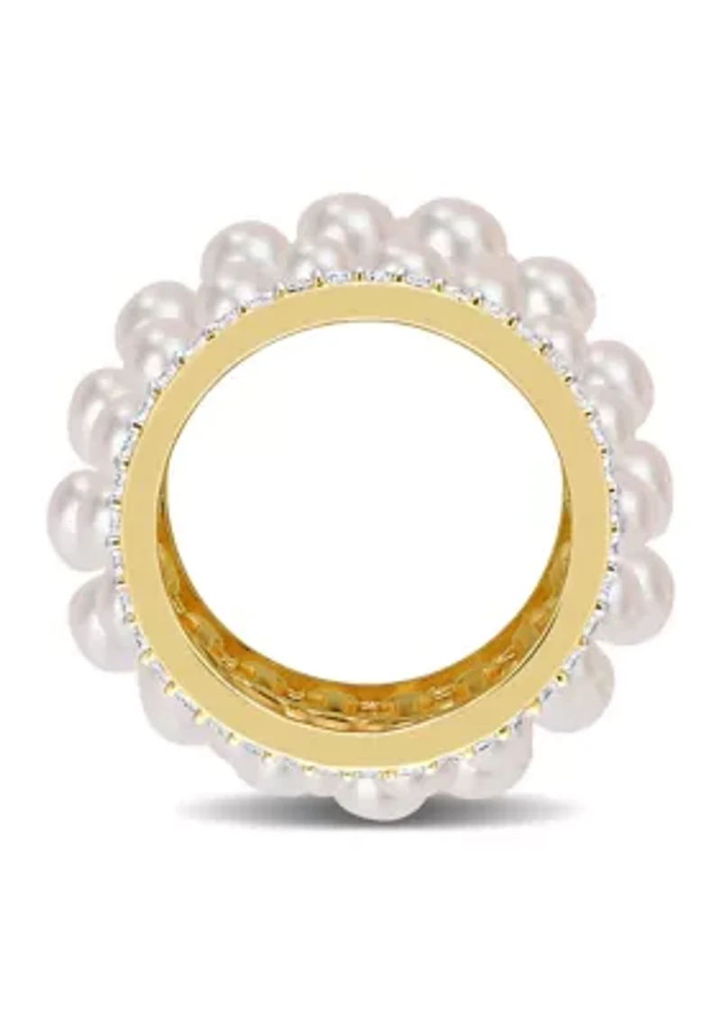 Lab Created Freshwater Cultured Pearl and 1 3/5 CT TGW White Sapphire Triple Row Ring Yellow Plated Sterling Silver