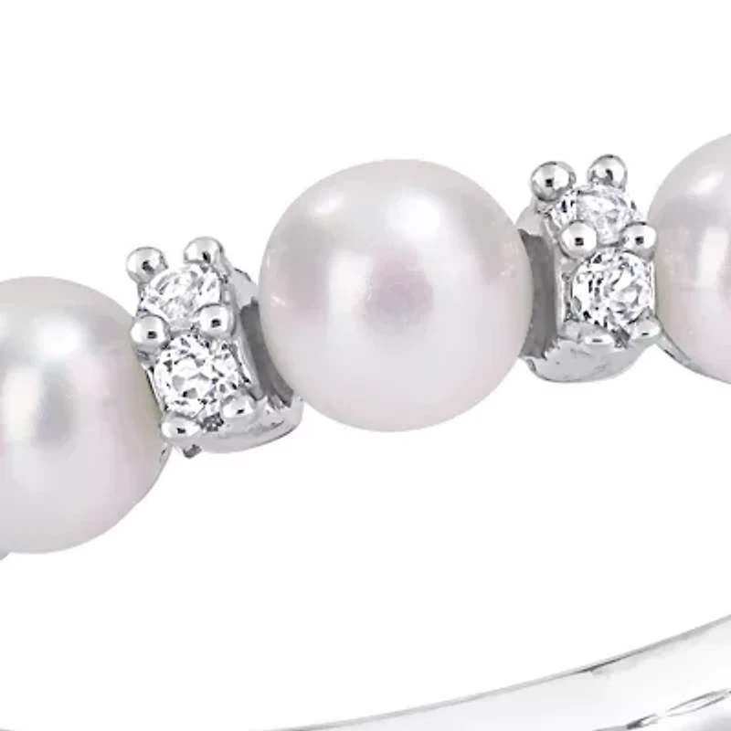 3.5-4mm Cultured Freshwater Pearl and 1/8 CT TGW White Topaz Semi Eternity Ring Sterling Silver