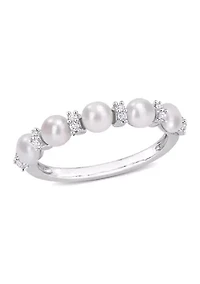 3.5-4mm Cultured Freshwater Pearl and 1/8 CT TGW White Topaz Semi Eternity Ring Sterling Silver