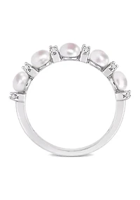 3.5-4mm Cultured Freshwater Pearl and 1/8 CT TGW White Topaz Semi Eternity Ring Sterling Silver