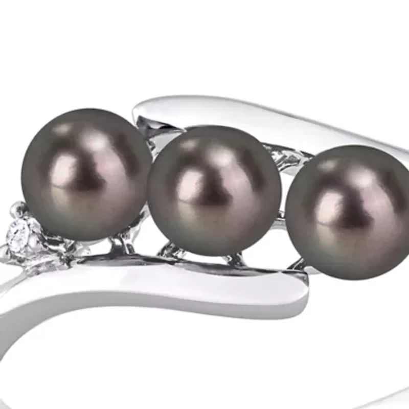 3.5-4mm Black Freshwater Cultured Pearl and Diamond Accent Triple Bypass Ring Sterling Silver