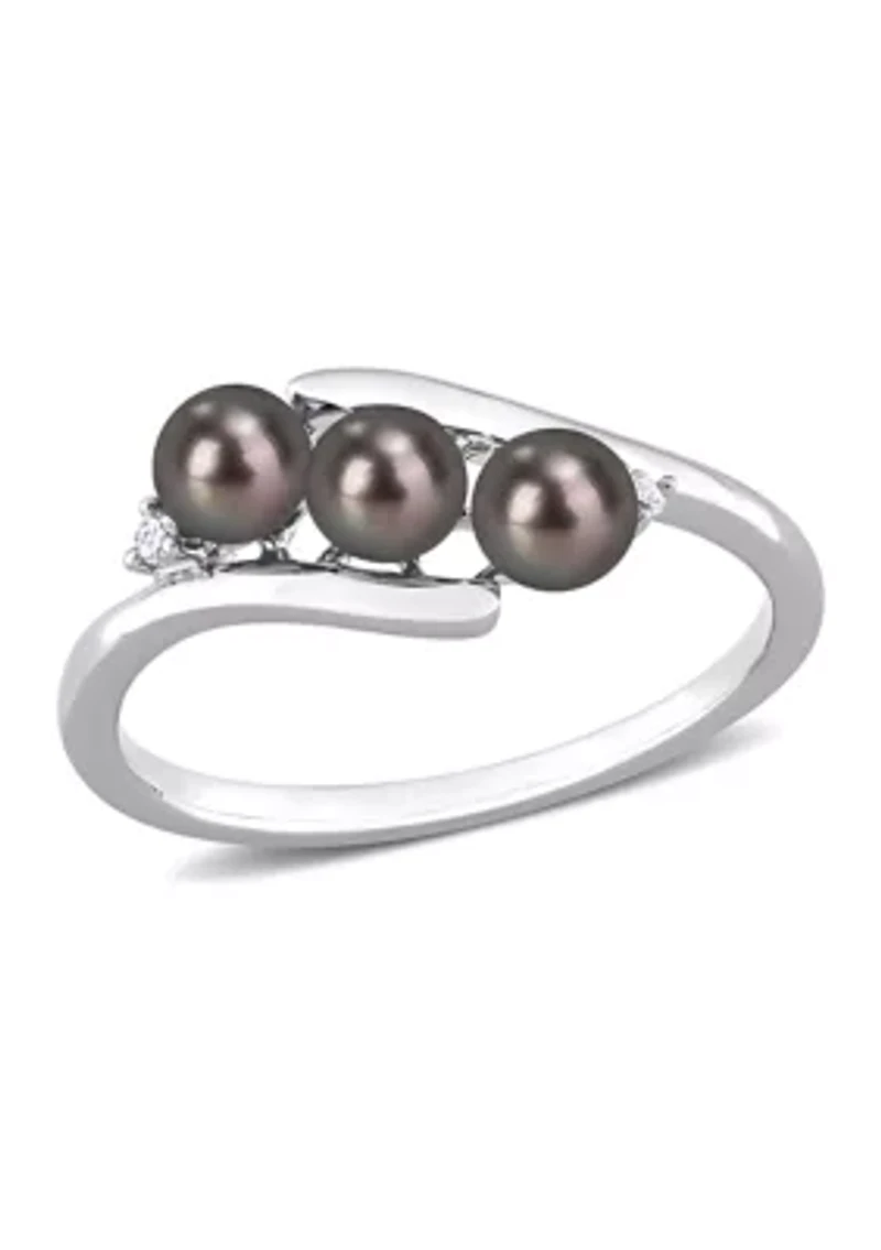 3.5-4mm Black Freshwater Cultured Pearl and Diamond Accent Triple Bypass Ring Sterling Silver