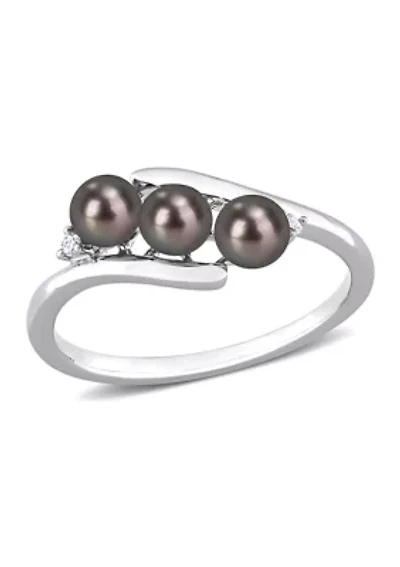 3.5-4mm Black Freshwater Cultured Pearl and Diamond Accent Triple Bypass Ring Sterling Silver