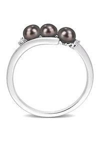 3.5-4mm Black Freshwater Cultured Pearl and Diamond Accent Triple Bypass Ring Sterling Silver