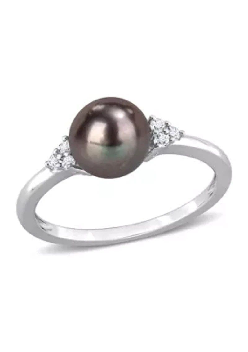 7.5-8mm Black Freshwater Cultured Pearl and 1/5 CT TGW White Topaz Cocktail Ring Sterling Silver