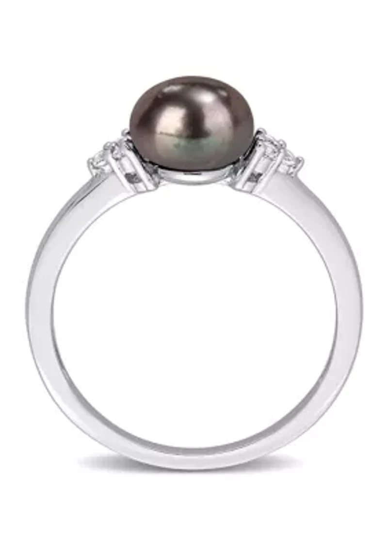 7.5-8mm Black Freshwater Cultured Pearl and 1/5 CT TGW White Topaz Cocktail Ring Sterling Silver