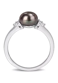 7.5-8mm Black Freshwater Cultured Pearl and 1/5 CT TGW White Topaz Cocktail Ring Sterling Silver