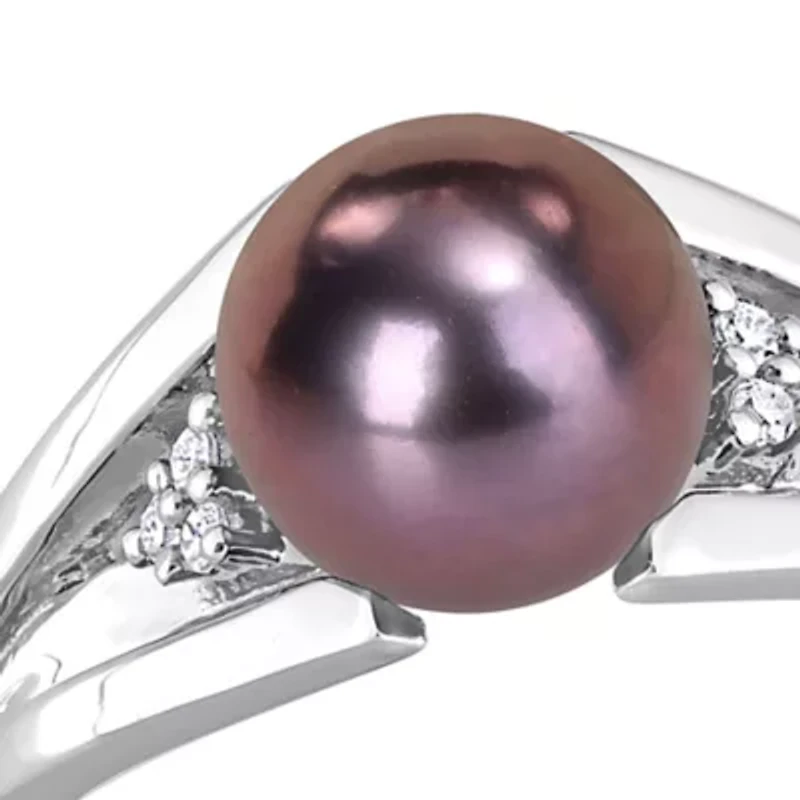 7-7.5mm Black Freshwater Cultured Pearl and Diamond Accent Split Shank Ring Sterling Silver