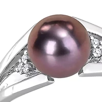 7-7.5mm Black Freshwater Cultured Pearl and Diamond Accent Split Shank Ring Sterling Silver