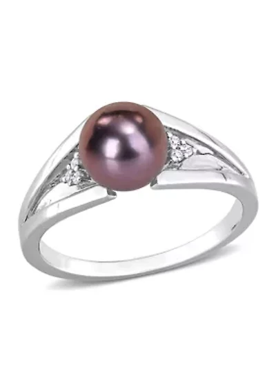 7-7.5mm Black Freshwater Cultured Pearl and Diamond Accent Split Shank Ring Sterling Silver