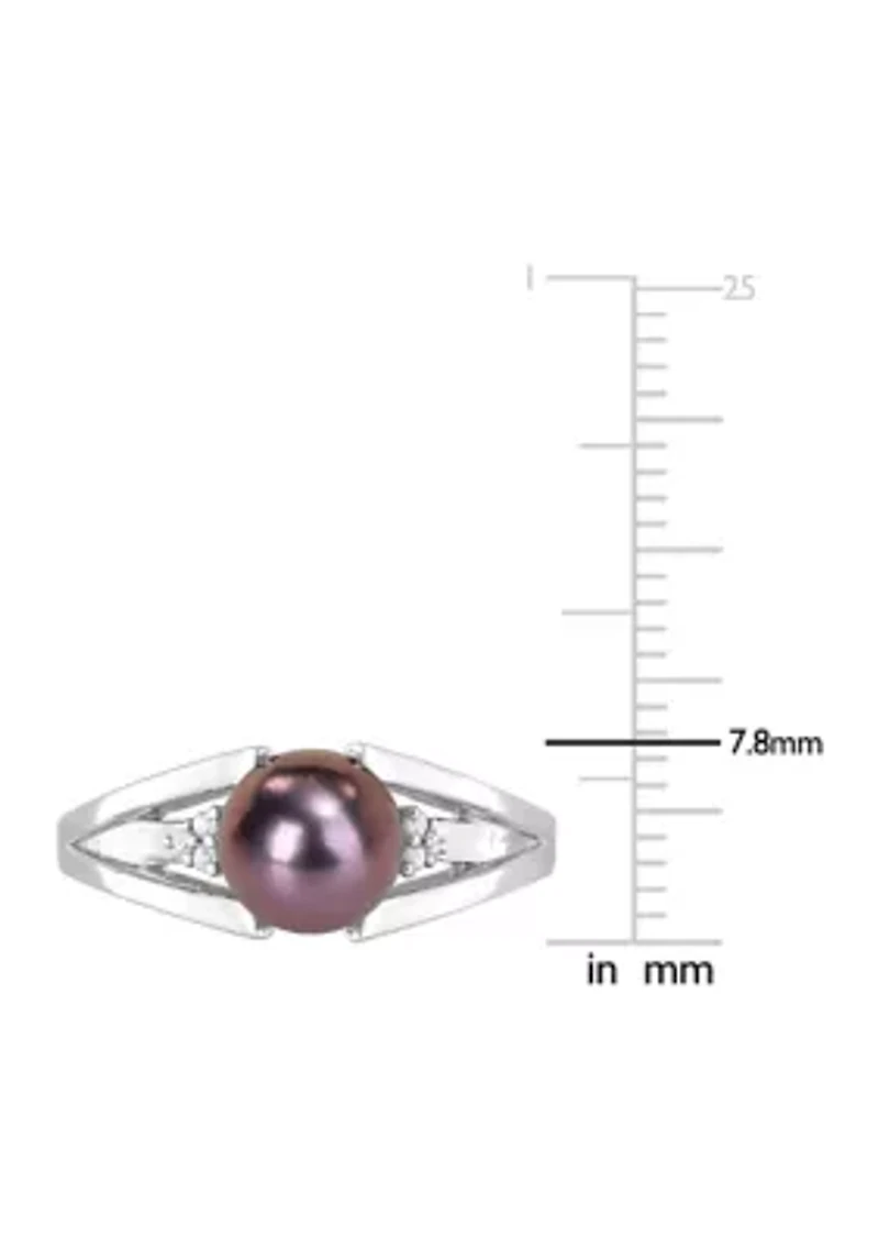 7-7.5mm Black Freshwater Cultured Pearl and Diamond Accent Split Shank Ring Sterling Silver