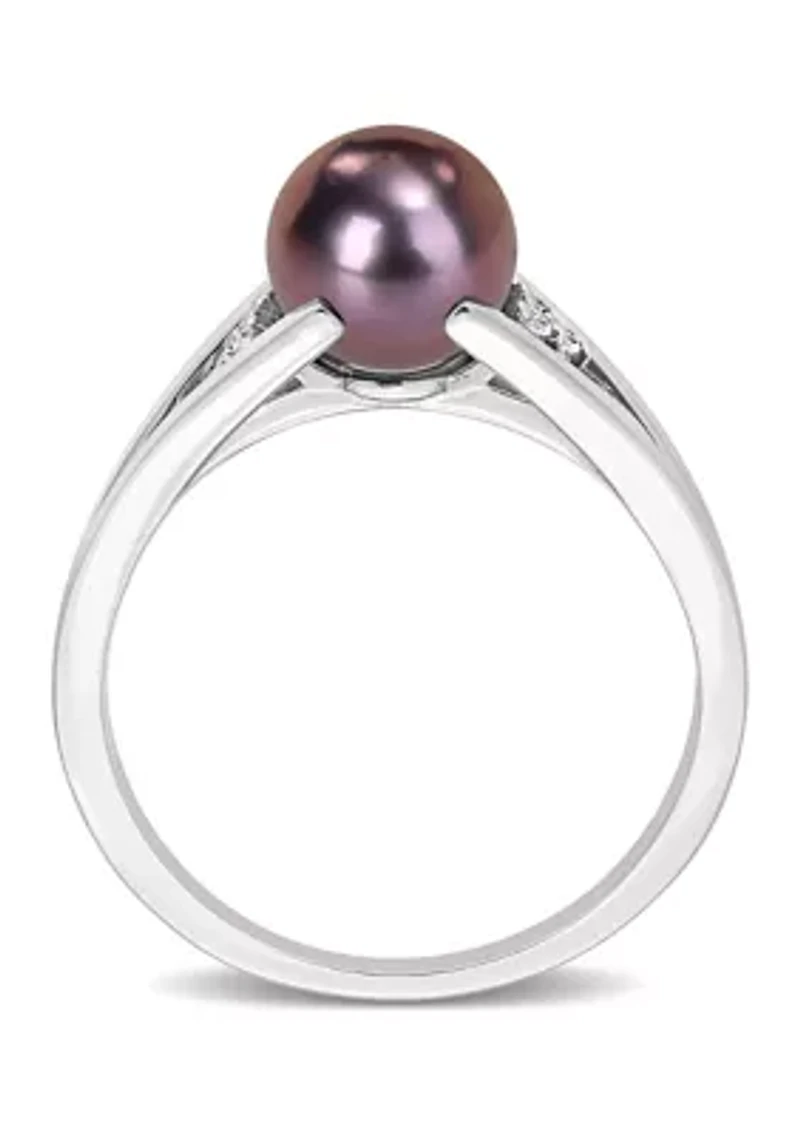 7-7.5mm Black Freshwater Cultured Pearl and Diamond Accent Split Shank Ring Sterling Silver