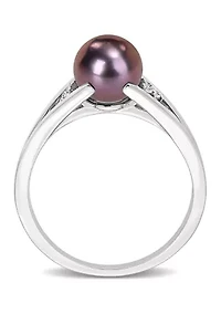 7-7.5mm Black Freshwater Cultured Pearl and Diamond Accent Split Shank Ring Sterling Silver
