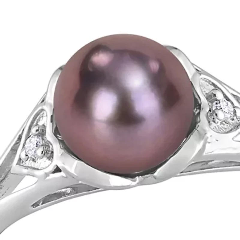 7-7.5mm Black Freshwater Cultured Pearl and Diamond Accent Heart Ring Sterling Silver