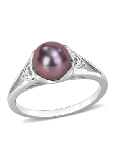 7-7.5mm Black Freshwater Cultured Pearl and Diamond Accent Heart Ring Sterling Silver