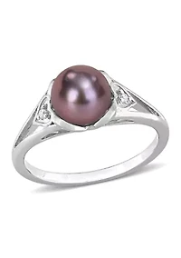 7-7.5mm Black Freshwater Cultured Pearl and Diamond Accent Heart Ring Sterling Silver