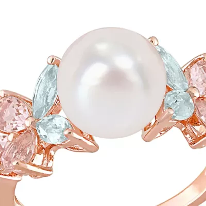 8.5-9mm Cultured Freshwater Pearl and 1 2/5 CT TGW Morganite Aquamarine White Topaz Cocktail Ring 18k Rose Plated Sterling Silver