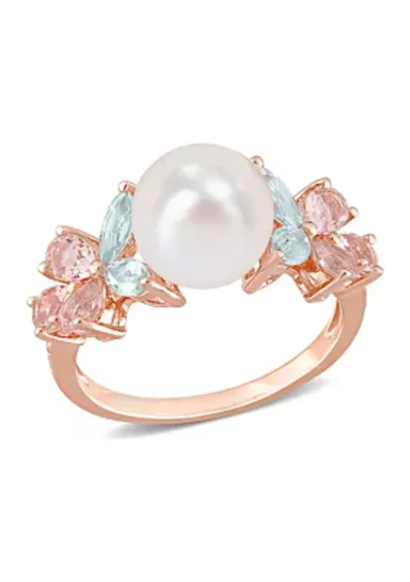 8.5-9mm Cultured Freshwater Pearl and 1 2/5 CT TGW Morganite Aquamarine White Topaz Cocktail Ring 18k Rose Plated Sterling Silver