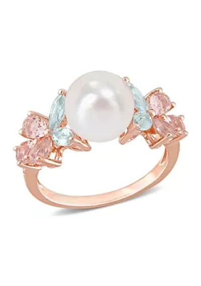 8.5-9mm Cultured Freshwater Pearl and 1 2/5 CT TGW Morganite Aquamarine White Topaz Cocktail Ring 18k Rose Plated Sterling Silver