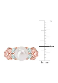 8.5-9mm Cultured Freshwater Pearl and 1 2/5 CT TGW Morganite Aquamarine White Topaz Cocktail Ring 18k Rose Plated Sterling Silver