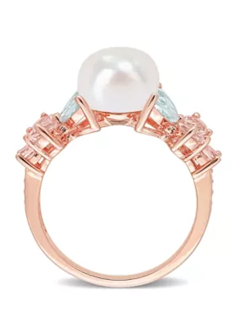 8.5-9mm Cultured Freshwater Pearl and 1 2/5 CT TGW Morganite Aquamarine White Topaz Cocktail Ring 18k Rose Plated Sterling Silver